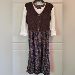 Vintage Allison Che Brown Paisley Print Knit Vest Layered Long Sleeve Midi Dress